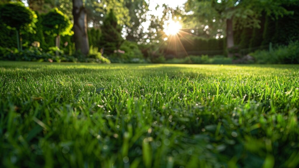 Ein gepflegter Rasen umgeben von einem gut gepflegten Garten.