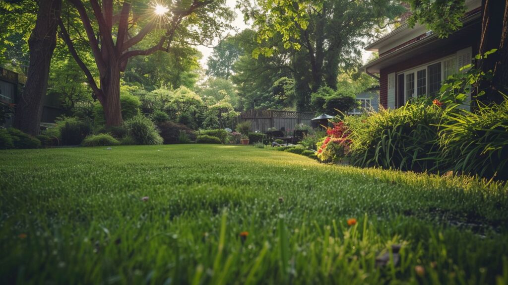 Ein grüner Rasen in einem Garten im Frühling.