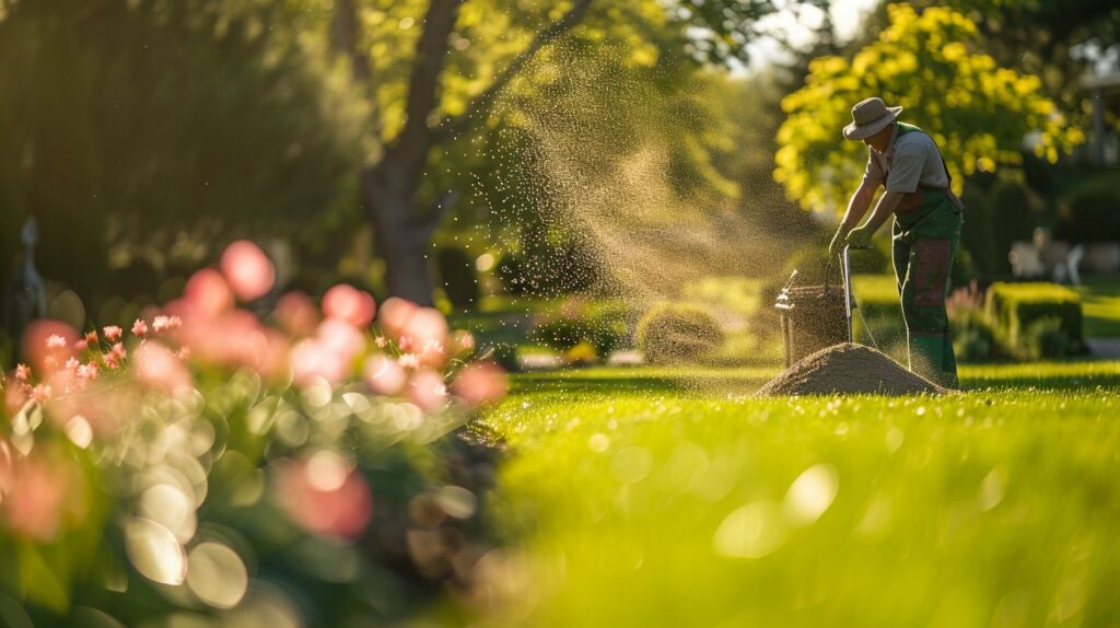 Der Gärtner verteilt Sand auf dem gepflegten Rasen im Garten.