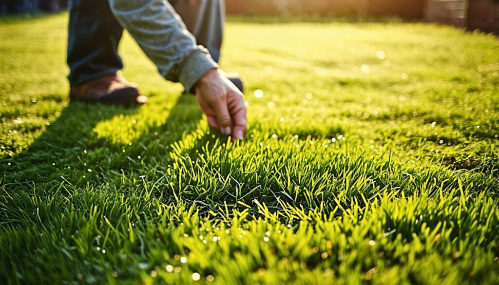 Eine Person sät Grassamen auf einem unebenen Rasen.