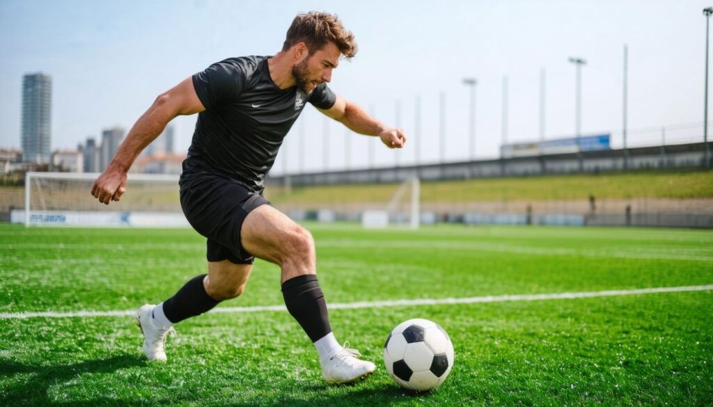 Ein Mann spielt intensiven Sport auf einem Fußballfeld mit Lolium perenne Gras.