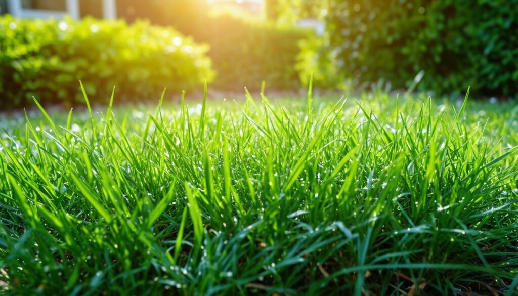 Dichtes Poa Supina Gras gedeiht in einem schattigen und feuchten Gartenbereich.