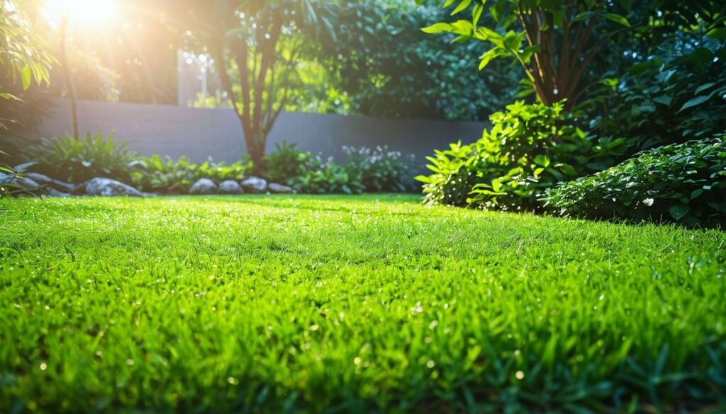 Ein üppiger grüner Teppich von Poa Supina gedeiht in einem schattigen und feuchten Gartenbereich mit schlechter Drainage.