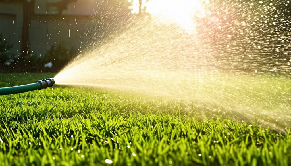 Ein Gartenschlauch sprüht Wasser auf einen grünen Rasen nach Überdüngung.