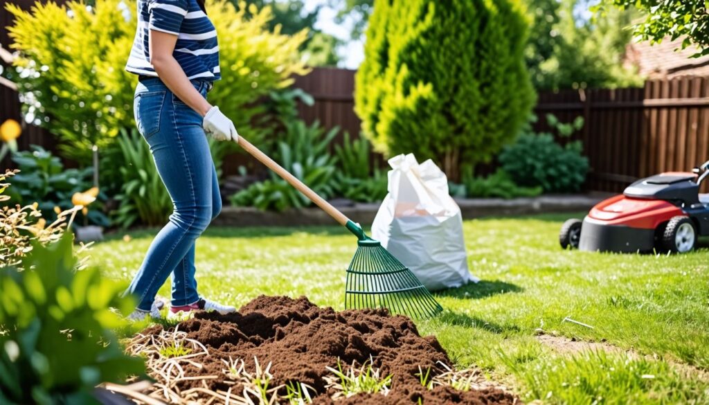 Eine junge Frau entfernt tote Grasflecken und düngt den Rasen.