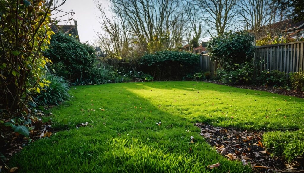 Ein vernachlässigter Garten mit überwachsenem Gras, der zusätzliche Tipps für die Rasenpflege im Herbst und Winter benötigt.