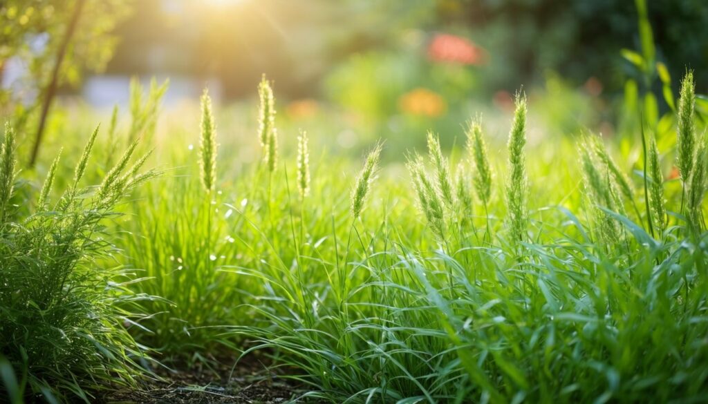 Eine Vielzahl von Lolium perenne Grasarten reinigen die Luft in einem Garten.