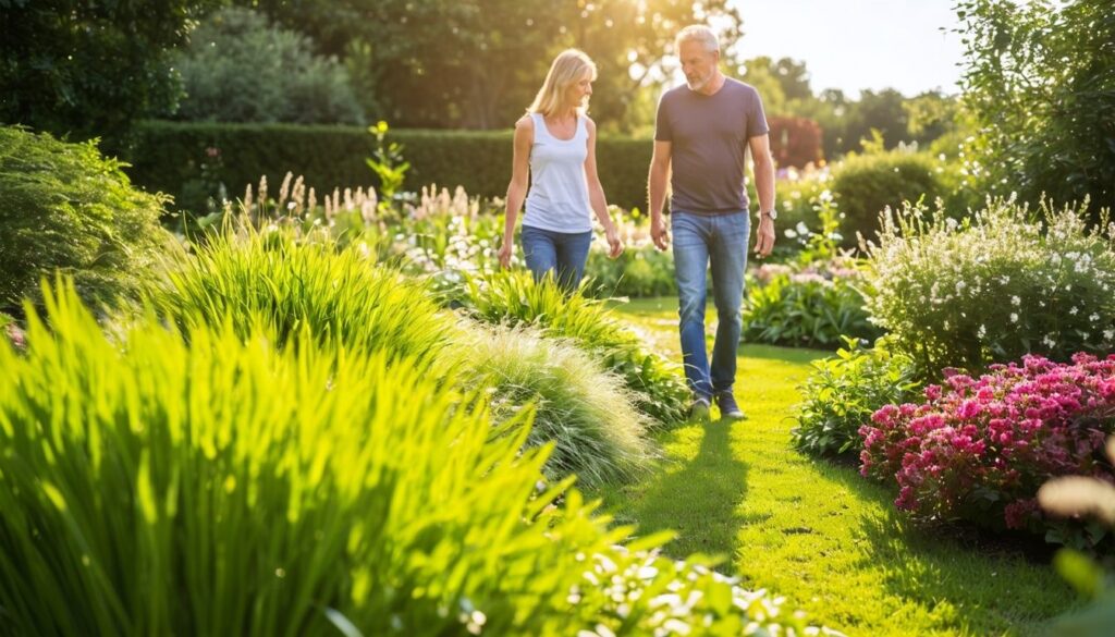 Ein Paar erkundet einen vielfältigen Garten mit Lolium perenne Gras.