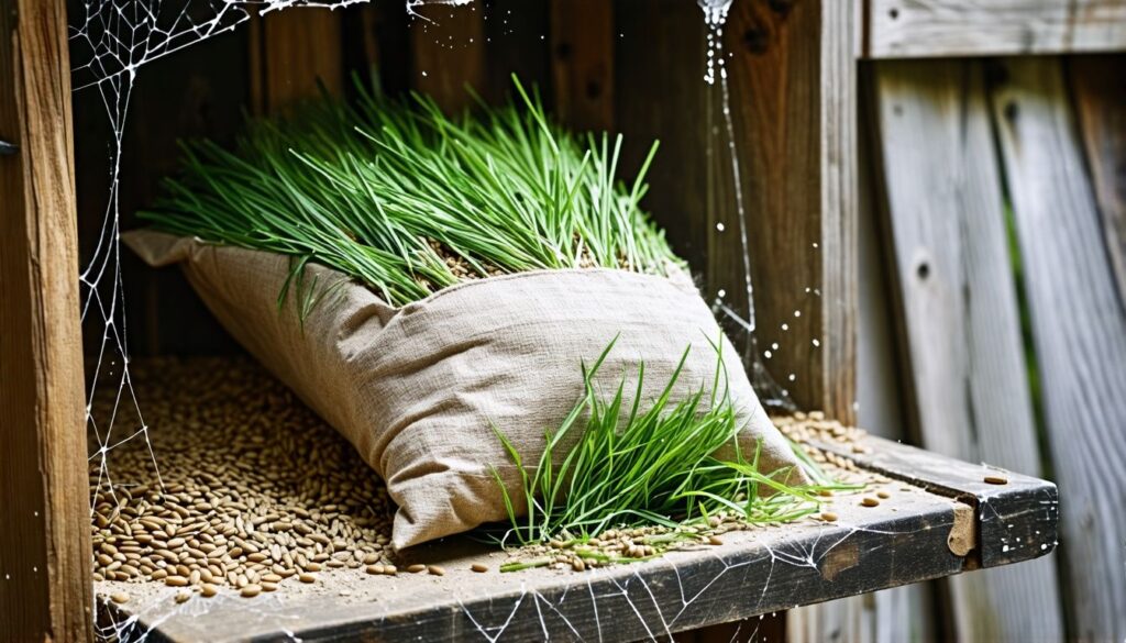 Eine Tüte Grassamen auf vernachlässigtem Gartenschuppenregal.