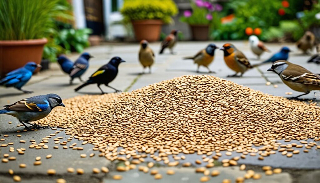 Vögel fressen schlechte Gras-Saat auf dem Gartenboden.