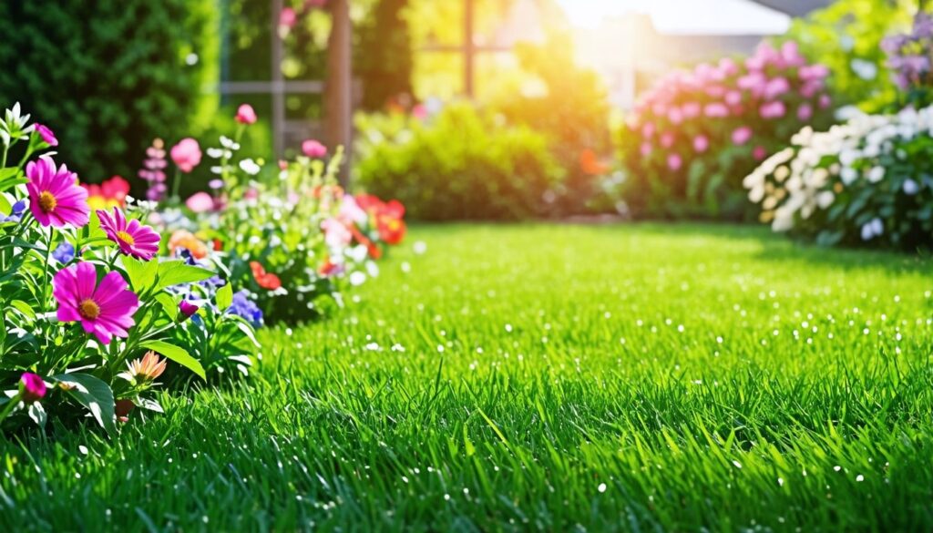 Ein üppiger, grüner Garten mit lebendigen Blumen und gesundem Gras, der natürliche Methoden für die pflege und Düngung verwendet, um giftige Chemikalien zu vermeiden.