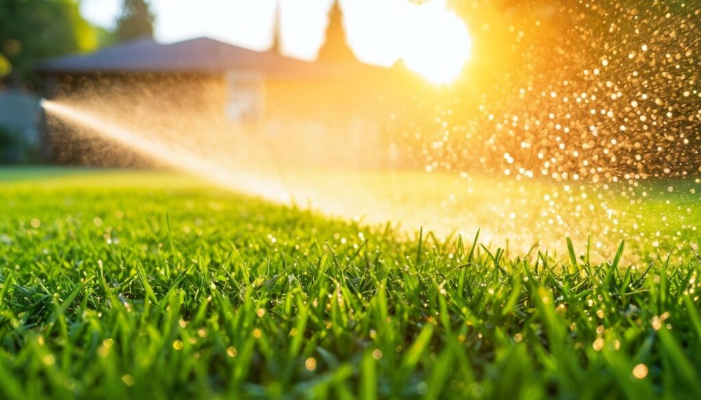 Ein gesunder Rasen wird morgens mit Wasser bewässert, um optimales Wachstum zu fördern.