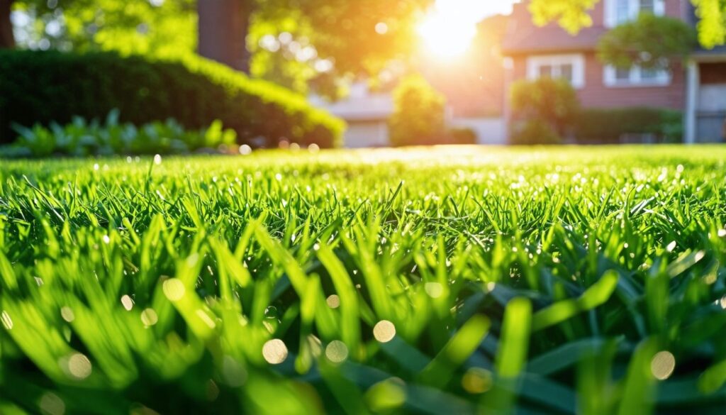 Ein dicht mit Rindenmulch bedeckter Rasen mit grünem Gras im Sonnenlicht.