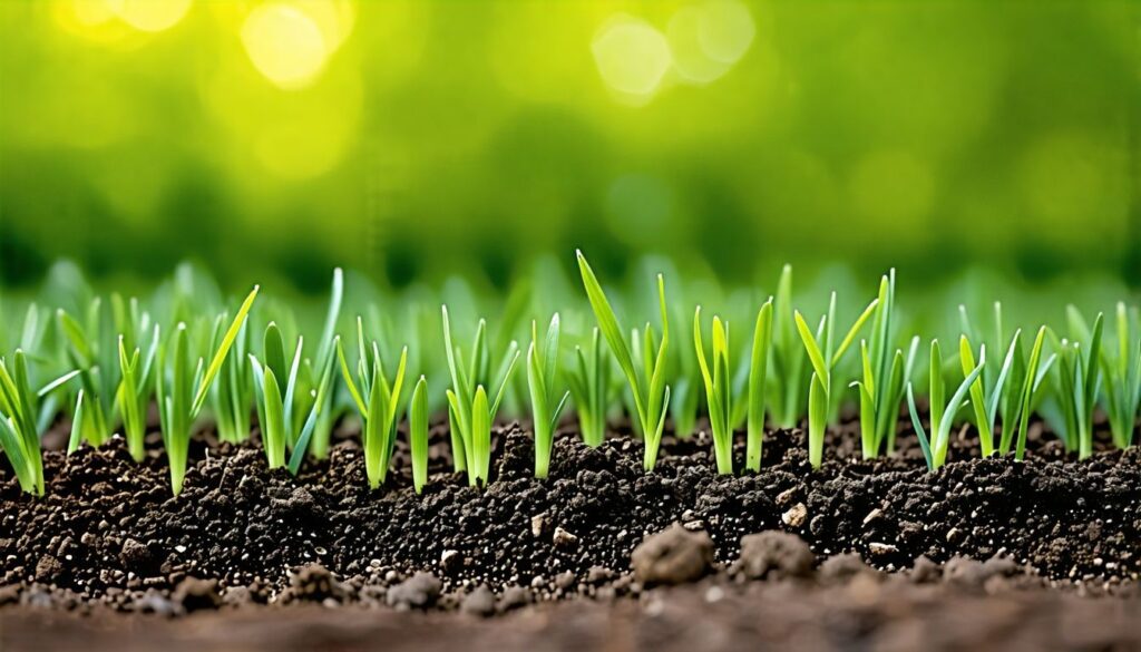 Eine Nahaufnahme von keimenden Gras-Samen in unterschiedlichen Wachstumsstadien.