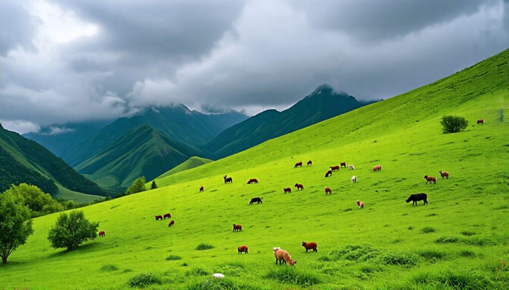 Ein grüner Bergabhang bedeckt mit Poa Supina Gras und kleinen Tieren.