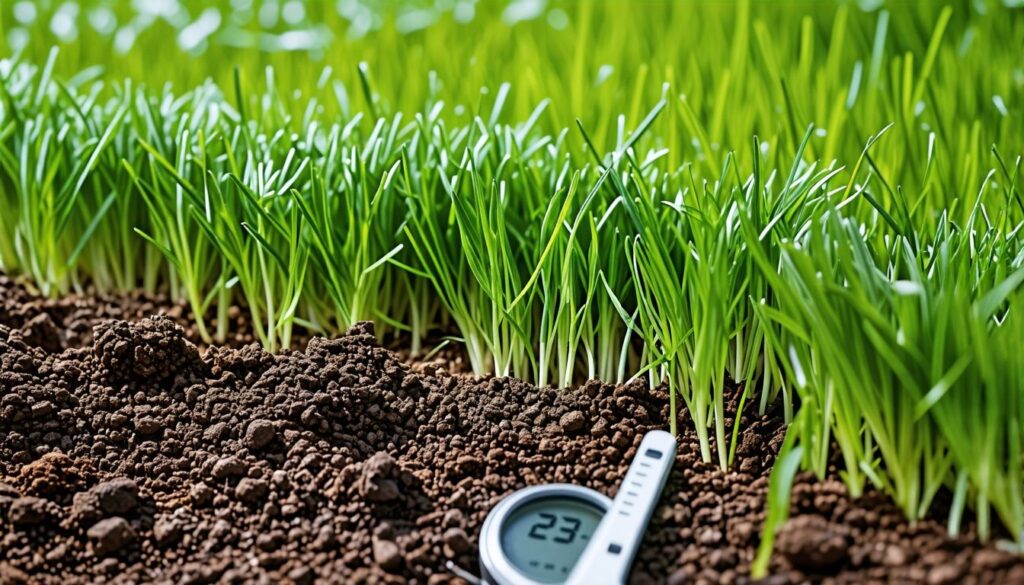 Ein gut gepflegter Rasen mit frischem Gras und Gartengeräten. Temperaturanzeige zeigt optimale Keimungstemperaturen.