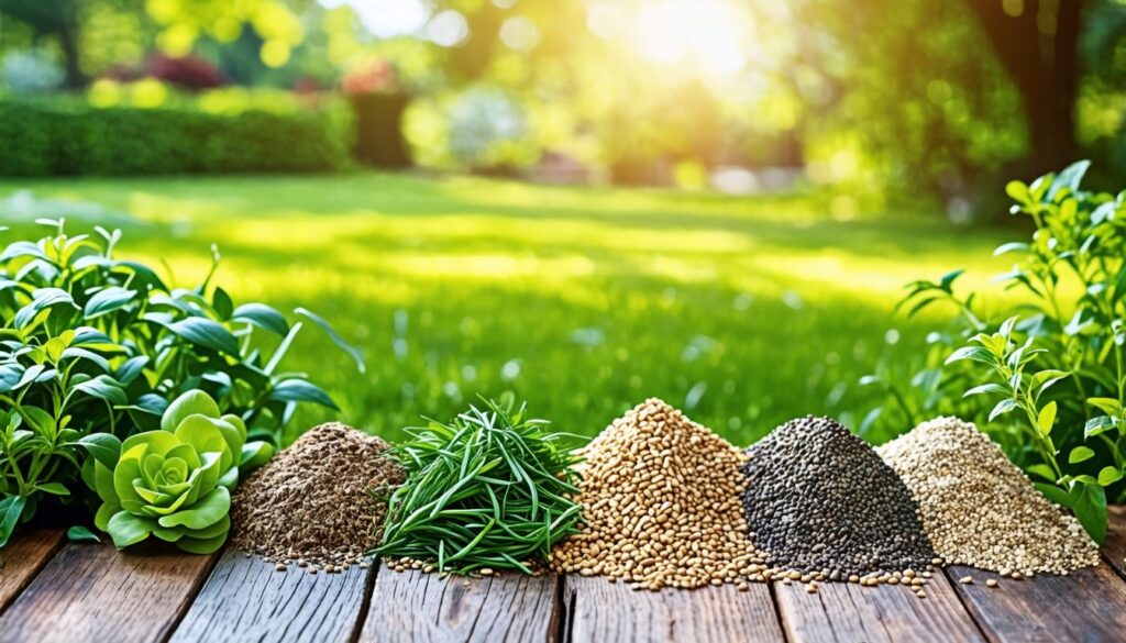 Eine Vielzahl von Bio-Rasendüngern auf einem rustikalen Holztisch im Garten.