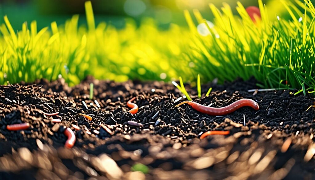 Ein Garten mit Mulch, grünem Gras und Regenwürmern.